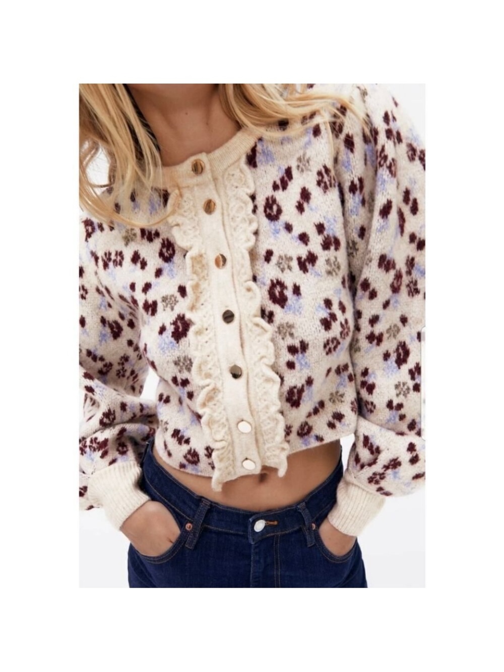Cropped Cream Floral Button-Front Sweater Cardigan